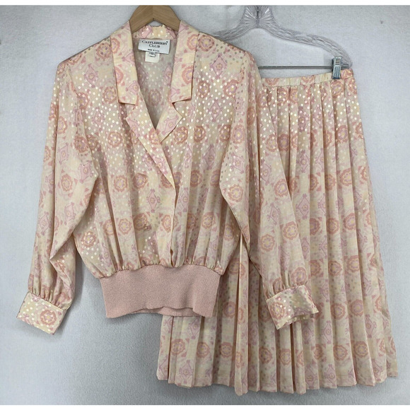 Castleberry Club Other - CASTLEBERRY CLUB Set Suit 12 Floral Double Breasted Top & Pleated Skirt Pink USA